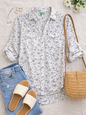 Love Potion White Black Floral Cotton Button Down Blouse Roll Tab L